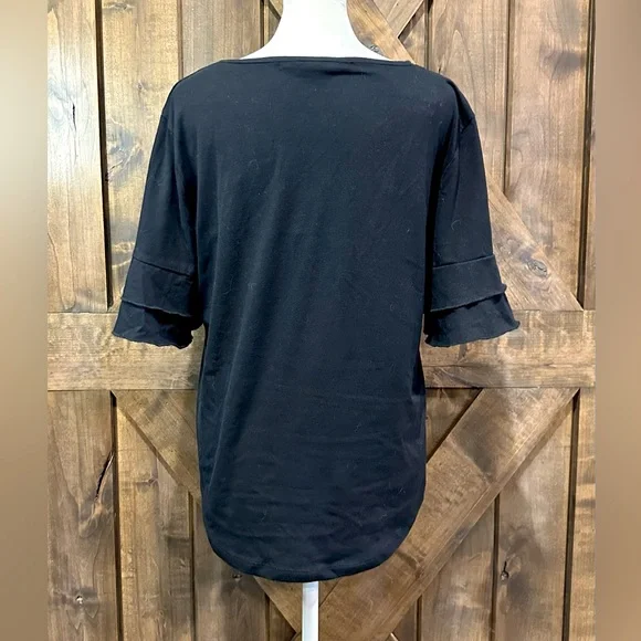 EUC Amaryllis Black Ruffle Sleeve Floral Embroidered Top Sz L - Picture 4 of 16